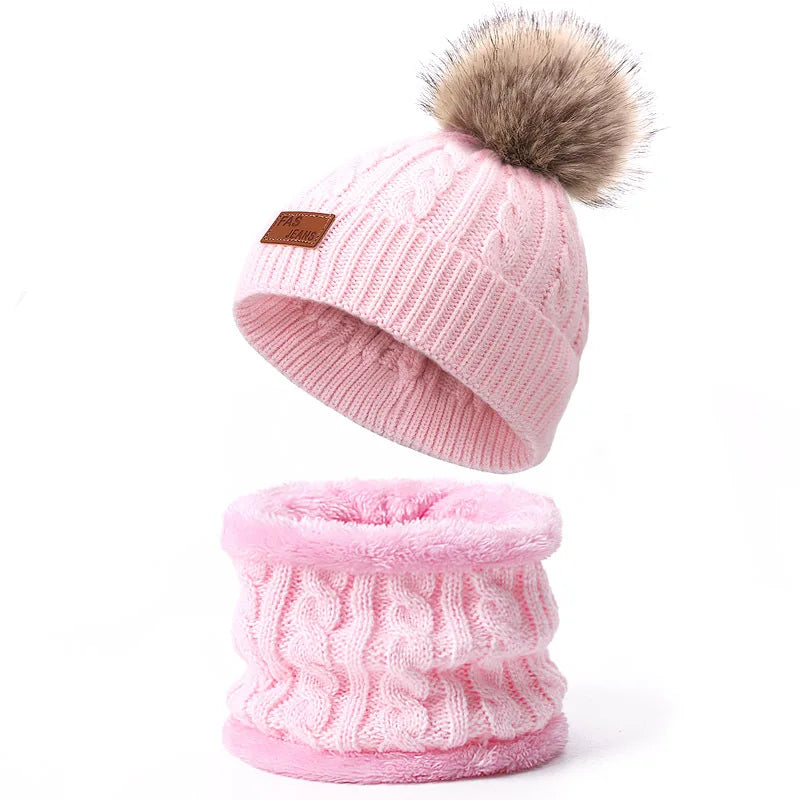 Warm Winter Baby Hats with Scarves for Kids Wool Pompom Baby Hat Children Bonnet Cap Boys Girls Knitted Scarf Gloves Beanie Caps-Dollar Bargains Online Shopping Australia