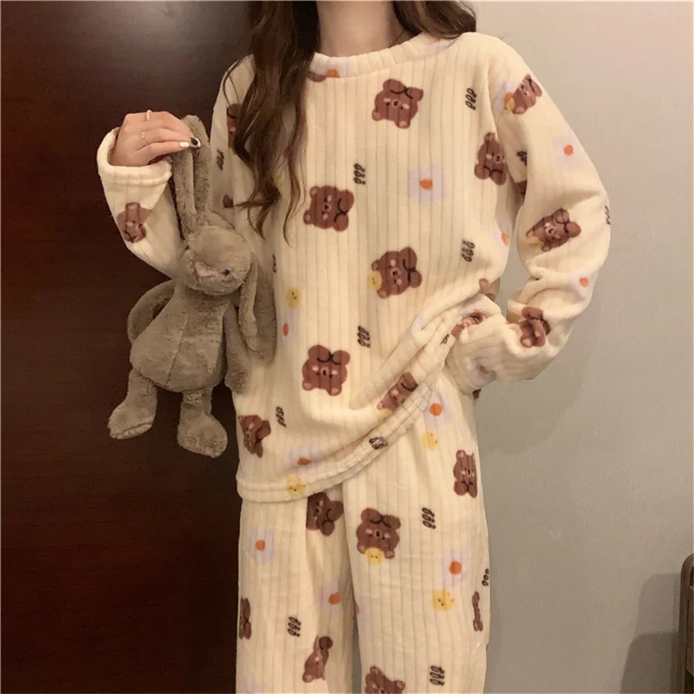 Winter Warm Flannel Fleecing Women Pyjamas Sets Thick Coral Velvet Long Sleeve Cartoon Sleepwear 2pcs Flannel Pajamas Set-Dollar Bargains Online Shopping Australia