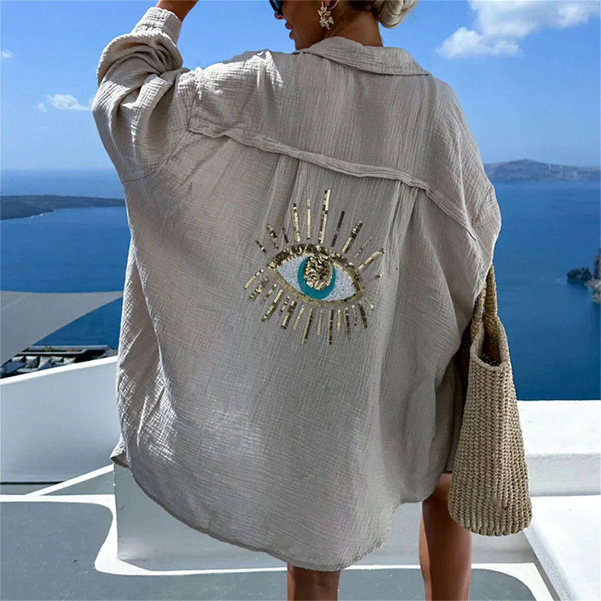 Women Casual Sequin Eye Shirt Dress Summer Fashion Beach Style Loose Button Sun Protection Cotton Linen Shirt Geometric Eye Tops-Dollar Bargains Online Shopping Australia