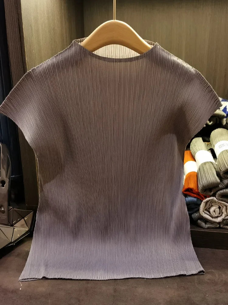 Versatile Classic Simple Solid Color Stand Up Collar Pleated Top Women Slim Slim Short Sleeve Miyake T-shirt Summer-Dollar Bargains Online Shopping Australia