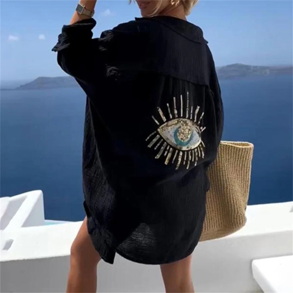 Women Casual Sequin Eye Shirt Dress Summer Fashion Beach Style Loose Button Sun Protection Cotton Linen Shirt Geometric Eye Tops-Dollar Bargains Online Shopping Australia