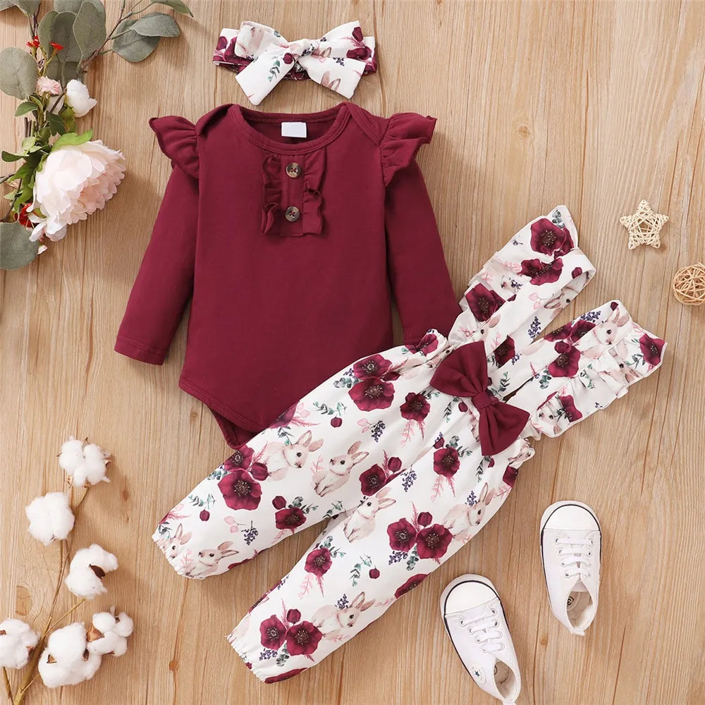 Baby Girl Clothes Set Red Color Long Sleevs Bodysuit + Flower Strap Pants 2PCS Infant Girl New Years Clothing Suit-Dollar Bargains Online Shopping Australia