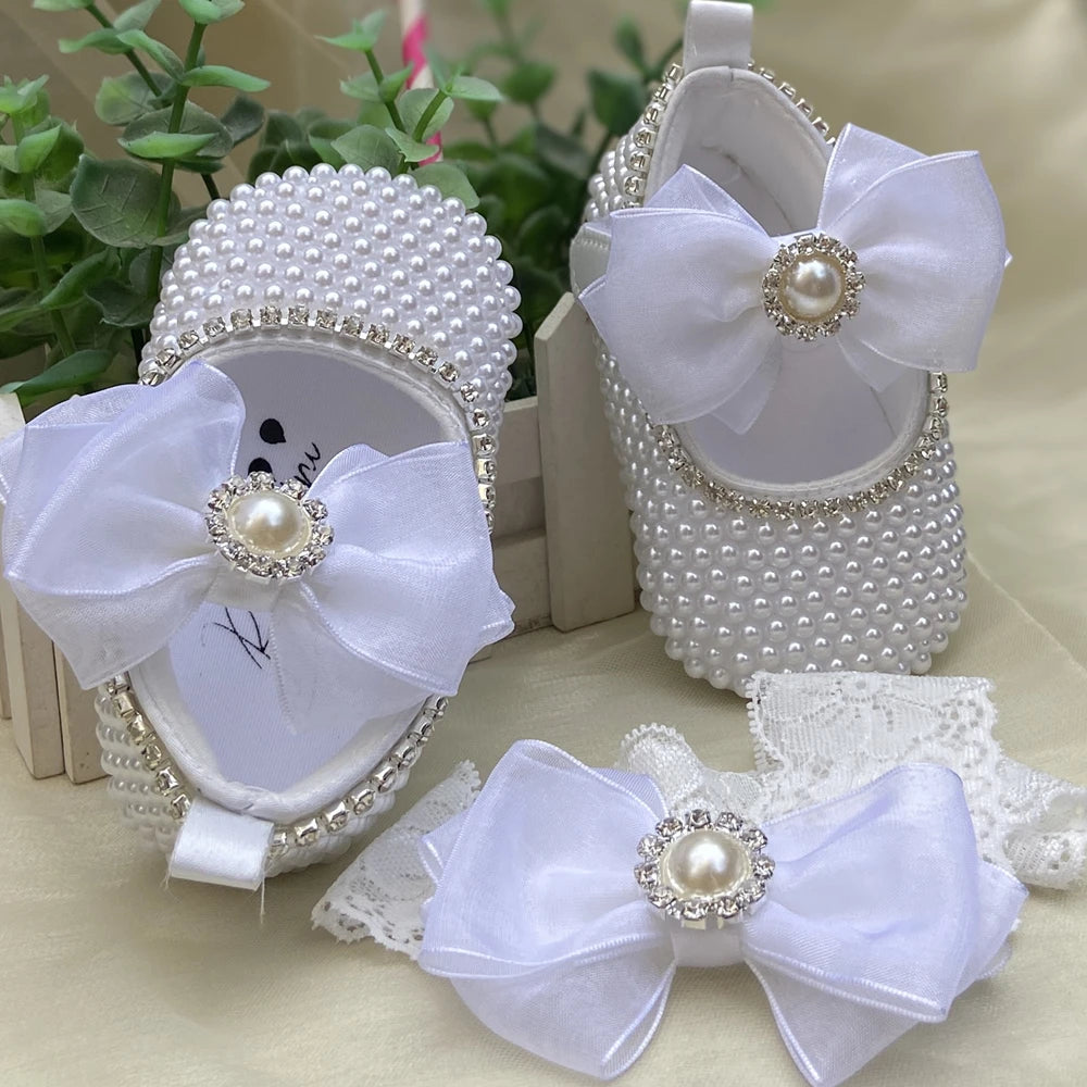 Handmade White Pearls Bling Rhinestone Baby Crib Shoes Christening Outfit Wedding Sparkle Organza Baptism 0-3m Shoes