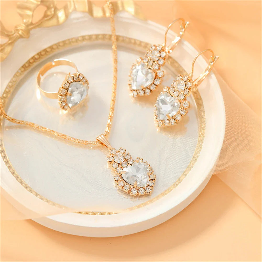 Luxurious Design Heart Shape Red Crystal Necklace Ring Earrings Jewelry Set Elegant Bridal Wedding Accessories Anniversary Gifts-Dollar Bargains Online Shopping Australia