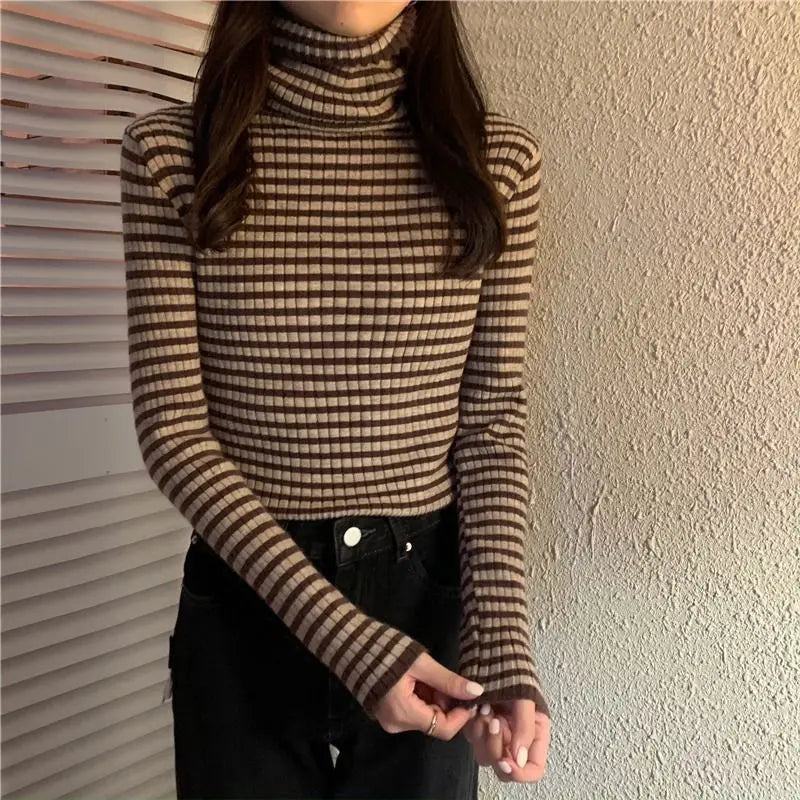 Women's Striped Turtleneck Sweater Autumn and Winter Knit Sweater-Dollar Bargains Online Shopping Australia
