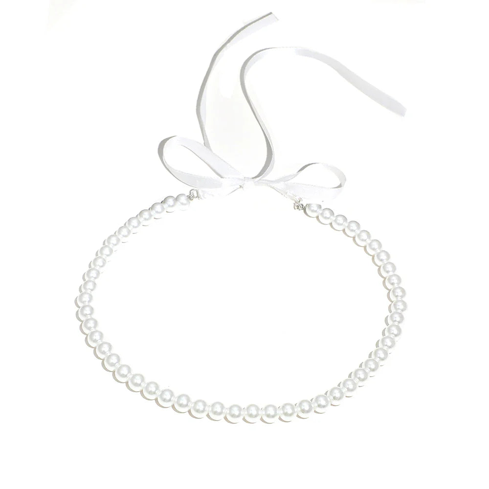 Punk Long Wide Black Velvet Ribbon Choker Bow Tie Simulated Pearl Beads Charm Collar Necklace Gothic Jewelry New Year Gifts-Dollar Bargains Online Shopping Australia