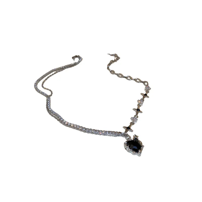 Black Heart Pendant Necklace Punk Shiny Rhinestone Star Asymmetric Chain Necklace for Women Neck Chain Y2K Jewelry-Dollar Bargains Online Shopping Australia