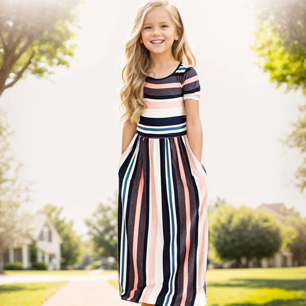Girls Short Sleeved Long Dress Beach Party Birthday Casual Fashion Show Versatile A-Line Dress-Dollar Bargains Online Shopping Australia