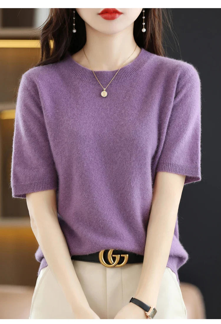 Spring and Summer New Short-sleeved Women O-neck Slim Wool Cotton Blend Pullover Vest T-shirt Knitted Base Sweater-Dollar Bargains Online Shopping Australia