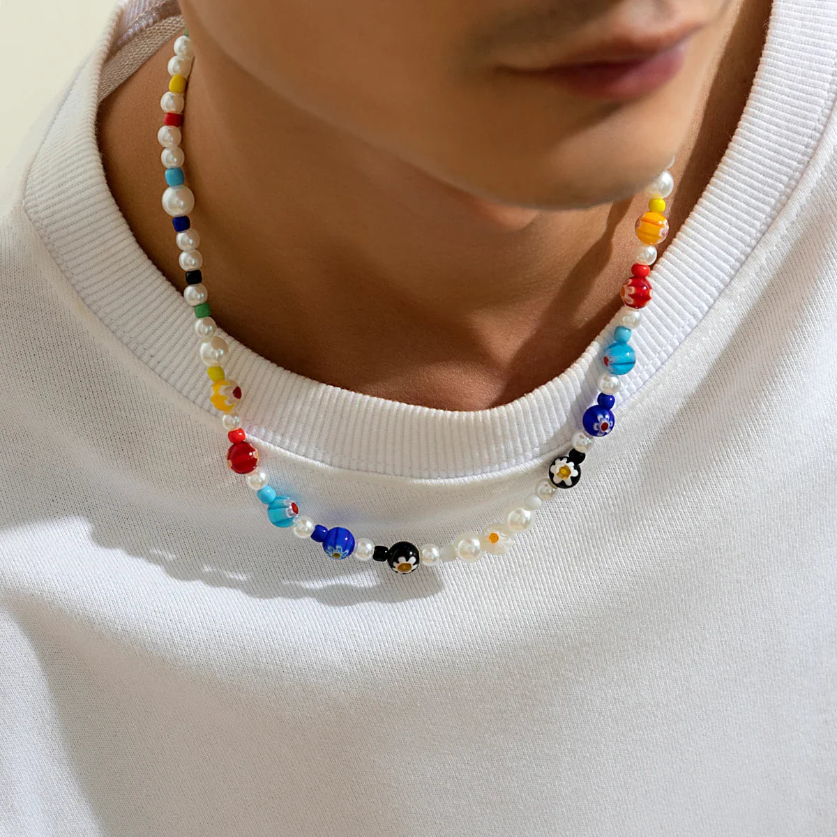 Imitation Pearl and Colorful Beads Short Choker Necklace for Men Trendy Beaded Chains