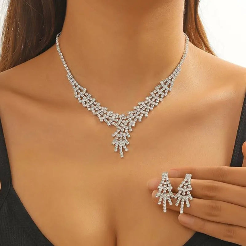 Geometric Rhinestone Necklace Earrings For Women Long Tassel Jewelry Sets Ladies Weddings Banquet Accessory-Dollar Bargains Online Shopping Australia