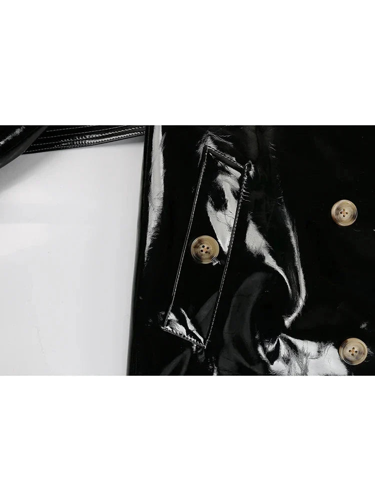 Long Shiny Black Red Patent Pu Leather Trench Coat for Women Belt Double Breasted Luxury Designer Clothes-Dollar Bargains Online Shopping Australia