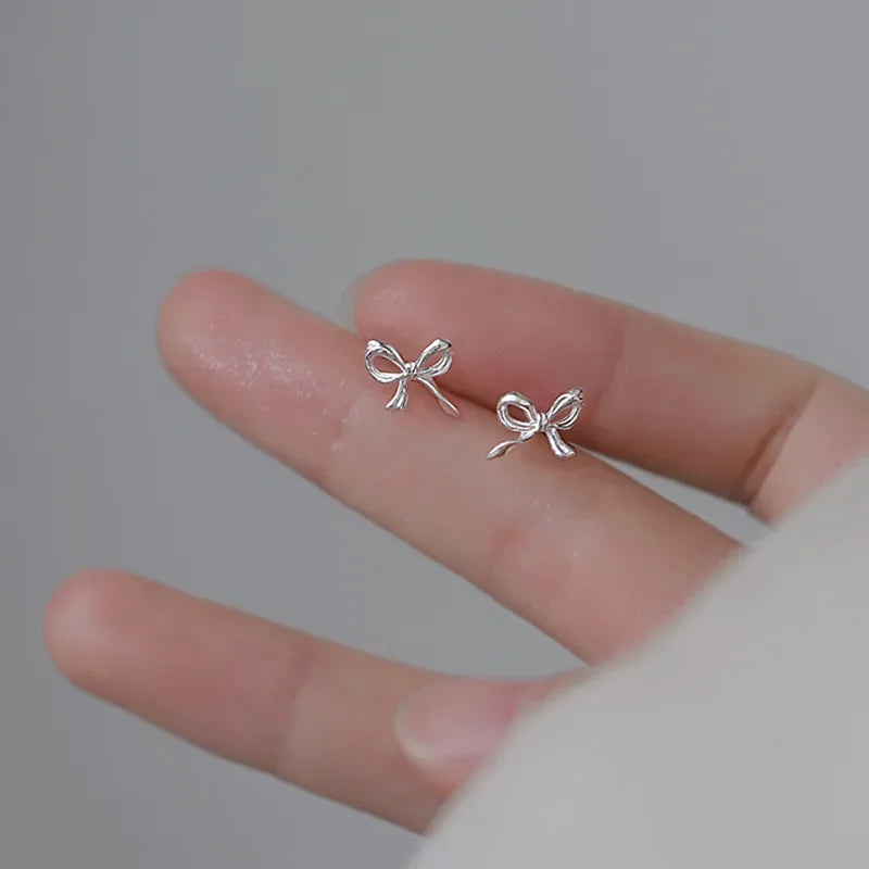 Silver Sweet Cute Bow Stud Earrings for Women Silver Color Simple Minimalist Ear Piercing Jewelry Gift