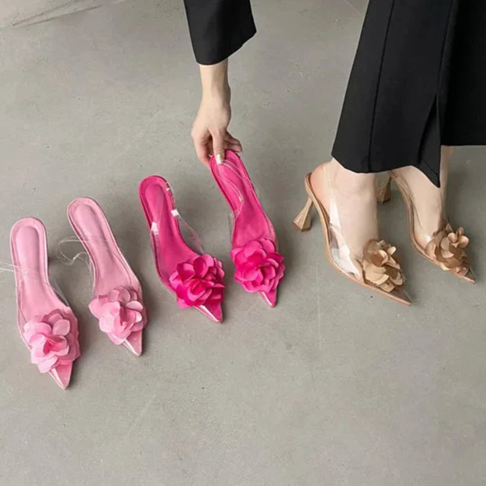 Women's Silk Flower Decorative Single Shoes Transparent PVC Pointed Slingbacks High Heels Party Dress-Dollar Bargains Online Shopping Australia