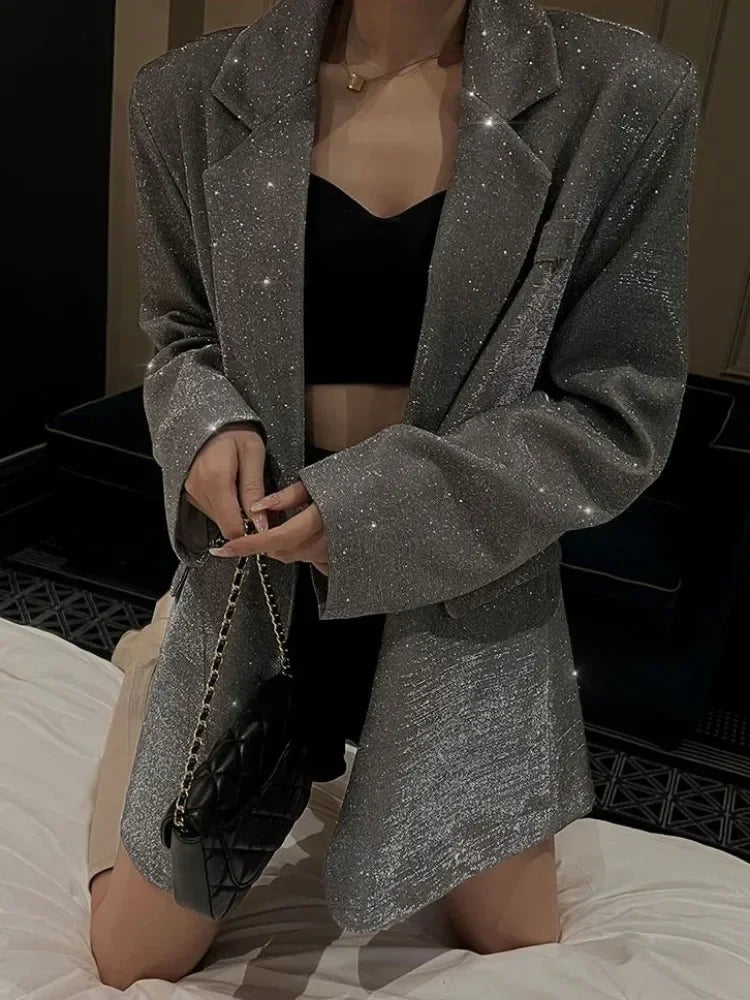 Sequin Glitter Lapel Suit Outwear For Women Luxury Long Sleeve Fashion Pocket Elegant Sparkle Coat Women's Suit Outwear-Dollar Bargains Online Shopping Australia