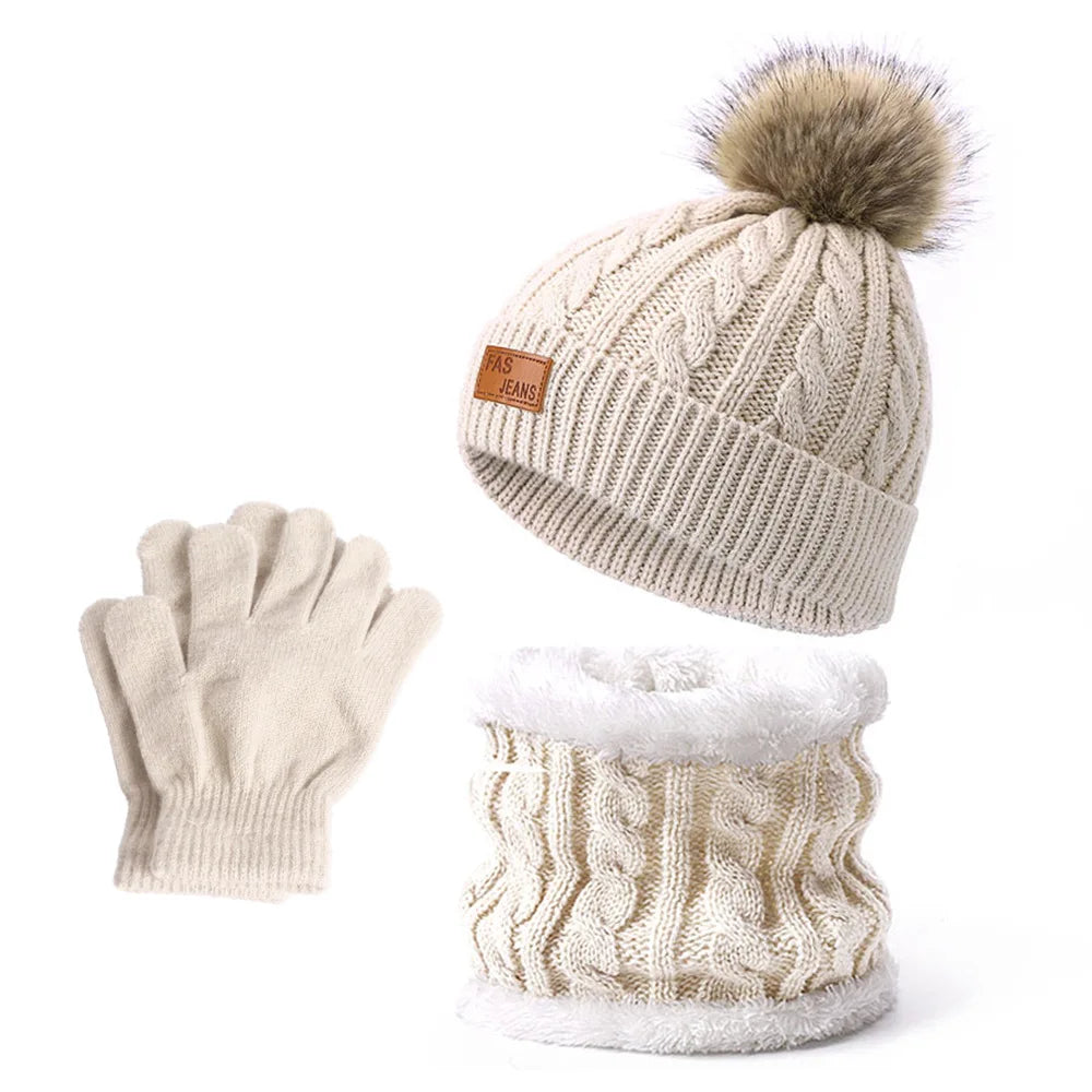 Warm Winter Baby Hats with Scarves for Kids Wool Pompom Baby Hat Children Bonnet Cap Boys Girls Knitted Scarf Gloves Beanie Caps-Dollar Bargains Online Shopping Australia