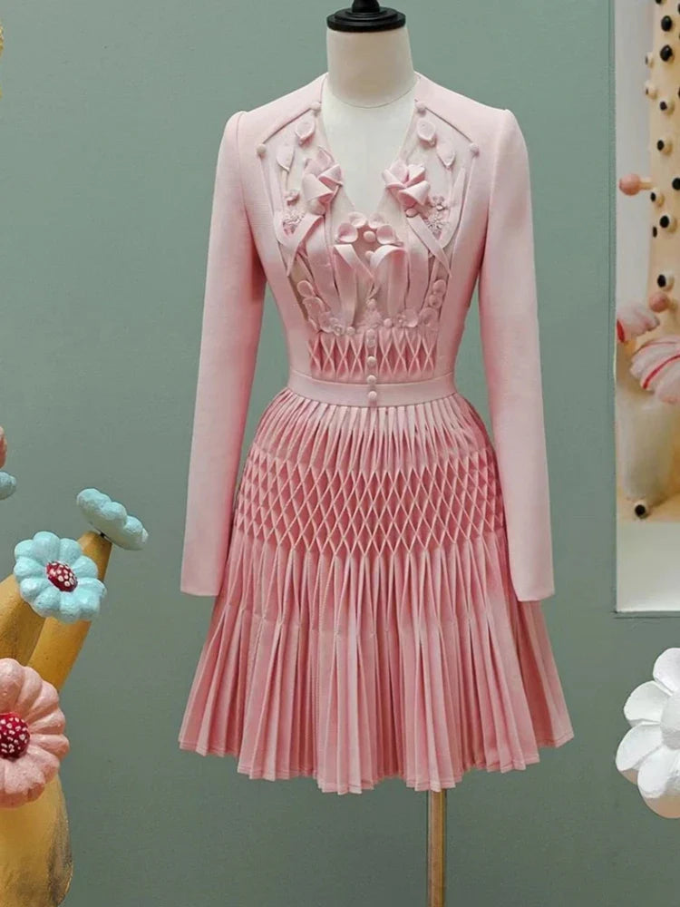 Dress V-neck Pleated Buttons 3D Flower Patchwork A-line Women's Evening Party Dresses-Dollar Bargains Online Shopping Australia