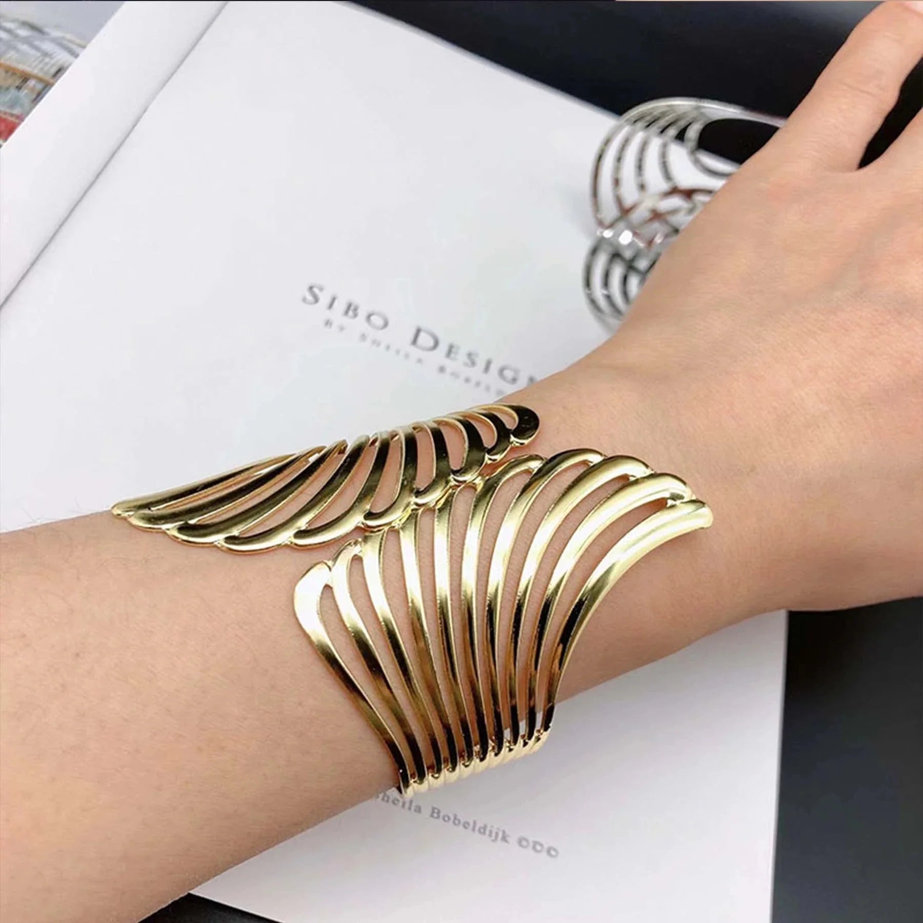 Hollow Wings Feather Wide Cuff Bracelets & Bangles For Women Men Gold Silver Color Alloy Open Big Male Female Bangle Jewelry-Dollar Bargains Online Shopping Australia
