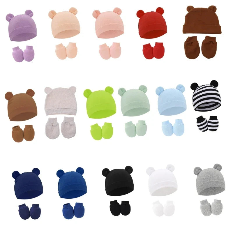 Newborn Cotton Hospital Hat Mittens Baby Beanie Solid Infant Baby Hats with Ear & No Scratch Mitten Soft Gloves Gift-Dollar Bargains Online Shopping Australia