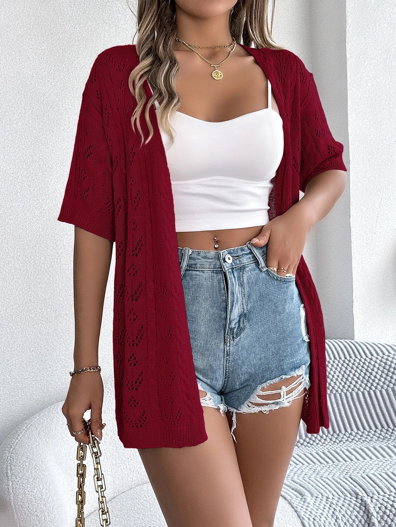 Casual Solid Color Hollow Out Knitted Cardigan Sun Proof Tops for Women-Dollar Bargains Online Shopping Australia