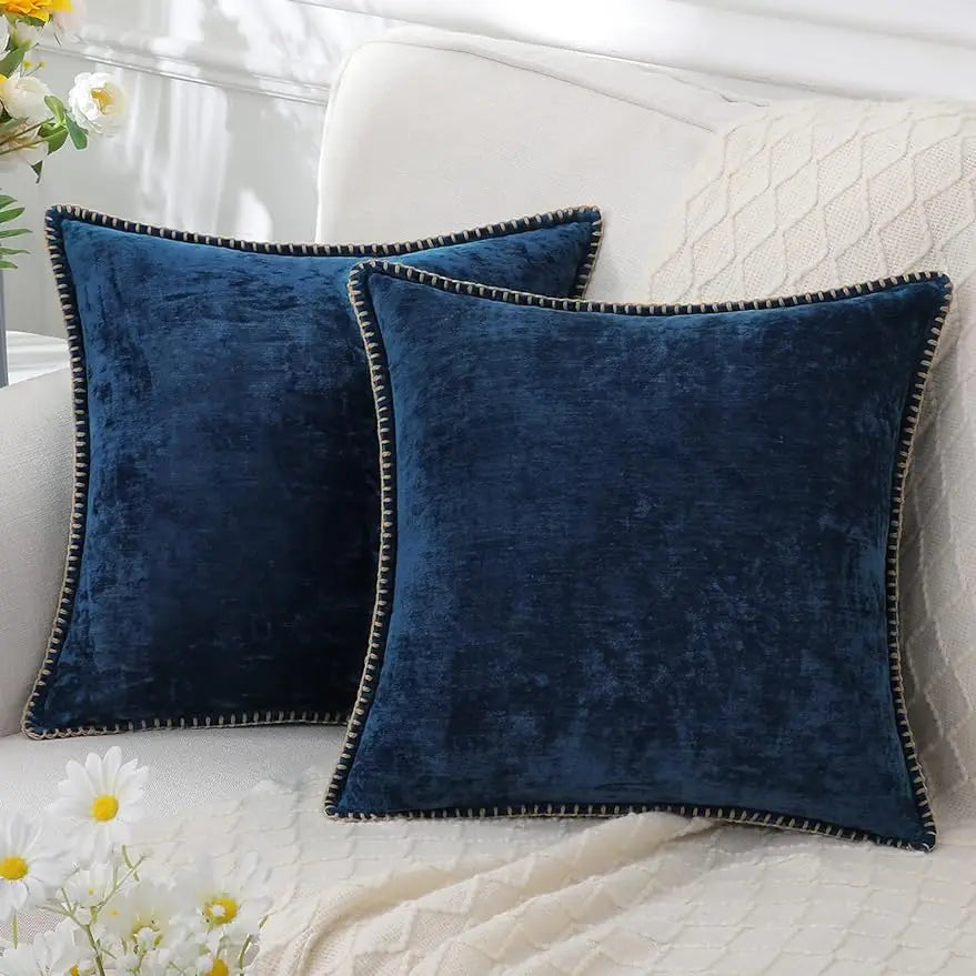 Velvet Chenille Cushion Covers Blue Pillow Cover with Stitched Edge Luxury Throw Decorative Pillows for Sofa Home Decro