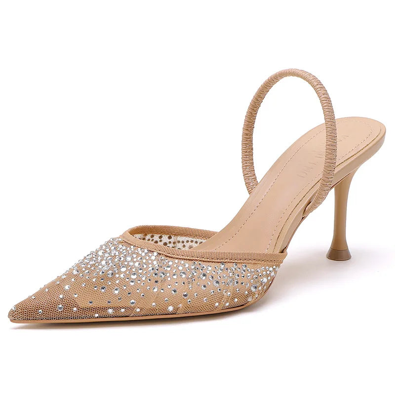 Glitter Rhinestone Pointed Slippers Women High Heel Summer Flip Flops Female Designer Sandals Breathable Mesh Mule Pumps Women-Dollar Bargains Online Shopping Australia
