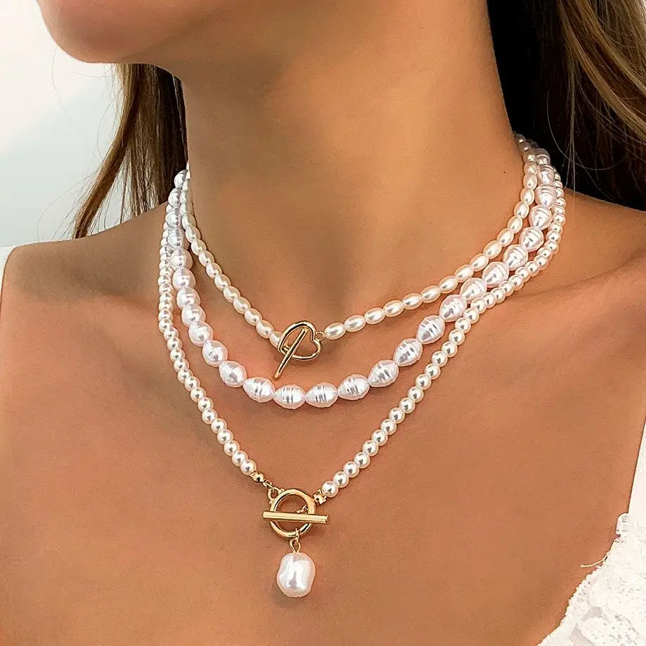 Vintage Imitation-Pearl Heart OT Buckle Pendant Necklace Women Wedding Bridal Bead Chain Neck Accessories Jewelry New