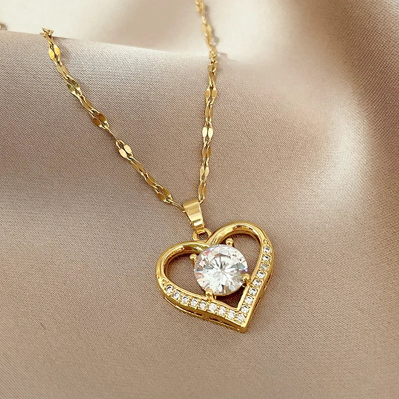 Gems Heart Pendant Necklace Golden Stainless Steel Lips Neck Chain Female Necklaces Jewelry for Girl-Dollar Bargains Online Shopping Australia