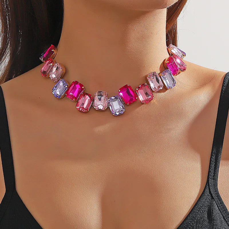 Square Pink Colorful Crystal Choker Necklaces for Women Geometric Clavicle Chain Necklaces Party Wedding Jewelry-Dollar Bargains Online Shopping Australia