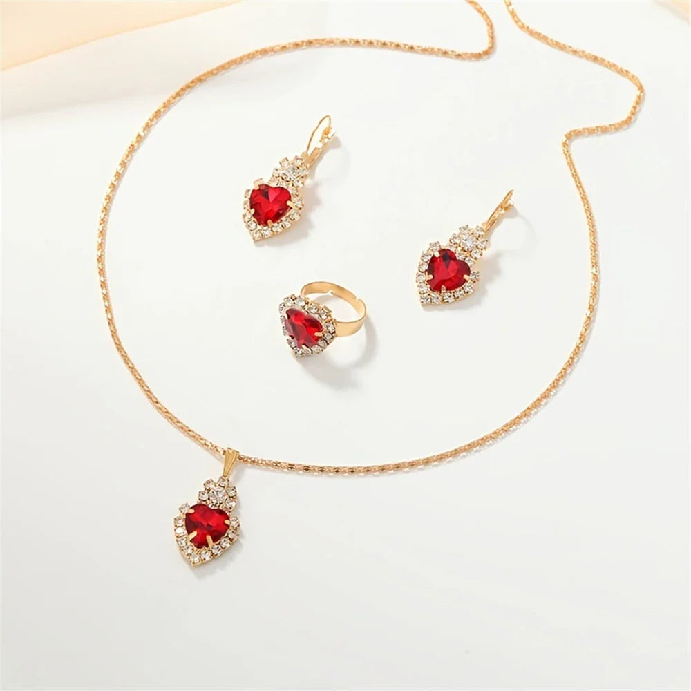 Luxurious Design Heart Shape Red Crystal Necklace Ring Earrings Jewelry Set Elegant Bridal Wedding Accessories Anniversary Gifts-Dollar Bargains Online Shopping Australia