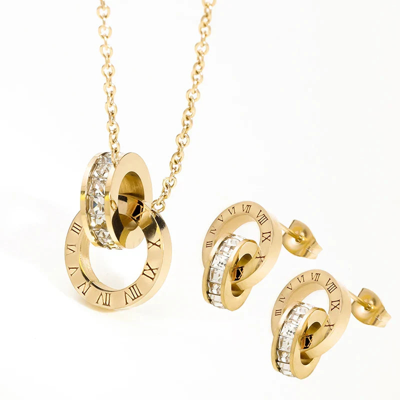 PAXA Classic Roman Numeral Crystal Stainless Steel Earrings Necklace for Women Luxury Elegant Fashion Wedding Party Jewelry Gift-Dollar Bargains Online Shopping Australia