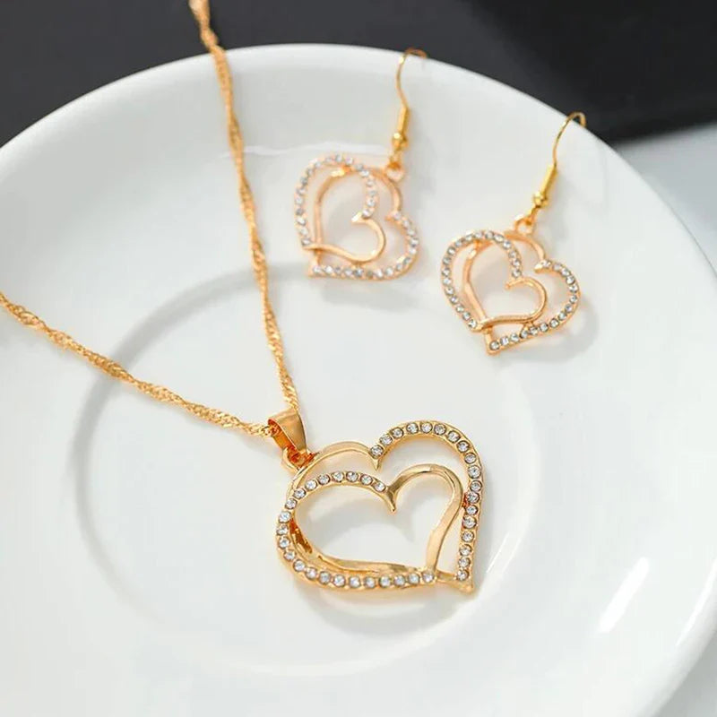 3 Pcs Set Heart Shaped Jewelry Set Of Earrings Pendant Necklace For Women Exquisite Fashion Rhinestone Double Heart Jewelry Set-Dollar Bargains Online Shopping Australia