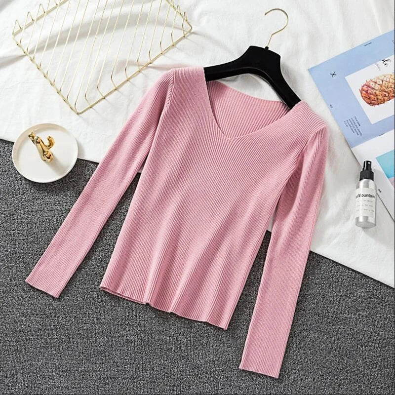 Women Sweater Long Sleeve Pullover Basic Top Fashion V-neck Elastic Female Winter Solid Knitted Jumper-Dollar Bargains Online Shopping Australia