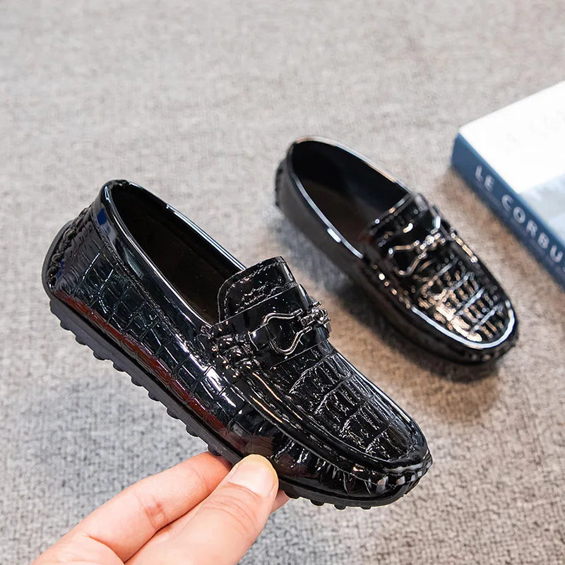 Glossy Leather Shoes for Party Wedding Shows Kids Fashion Solid Black Flat Non-slip Children Moccasin Shoes