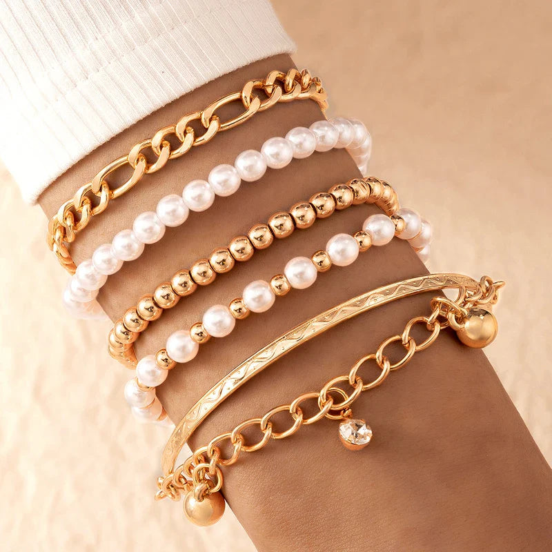 6pcs/set Fashion Gold Color Beads Pearl Star Multilayer Beaded Bracelets Set for Women Charm Party Jewelry Gift-Dollar Bargains Online Shopping Australia