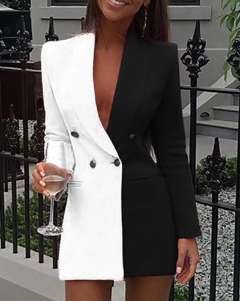Women Blazer Elegant Office Lady Suit Thin Spring V-neck Female Long Sleeve New Patchwork Slim OL Double Breasted Dress Coat-Dollar Bargains Online Shopping Australia