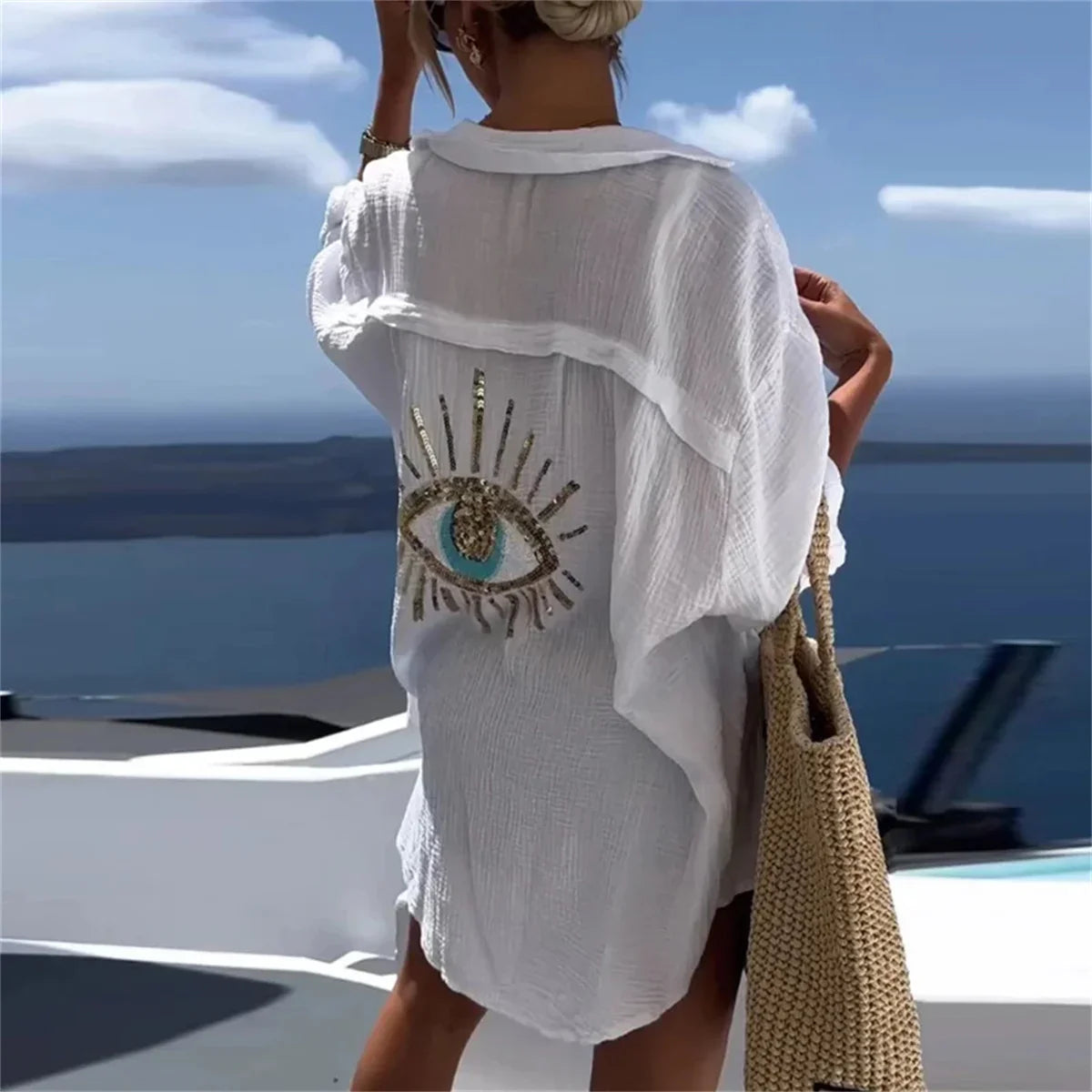 Women Casual Sequin Eye Shirt Dress Summer Fashion Beach Style Loose Button Sun Protection Cotton Linen Shirt Geometric Eye Tops-Dollar Bargains Online Shopping Australia