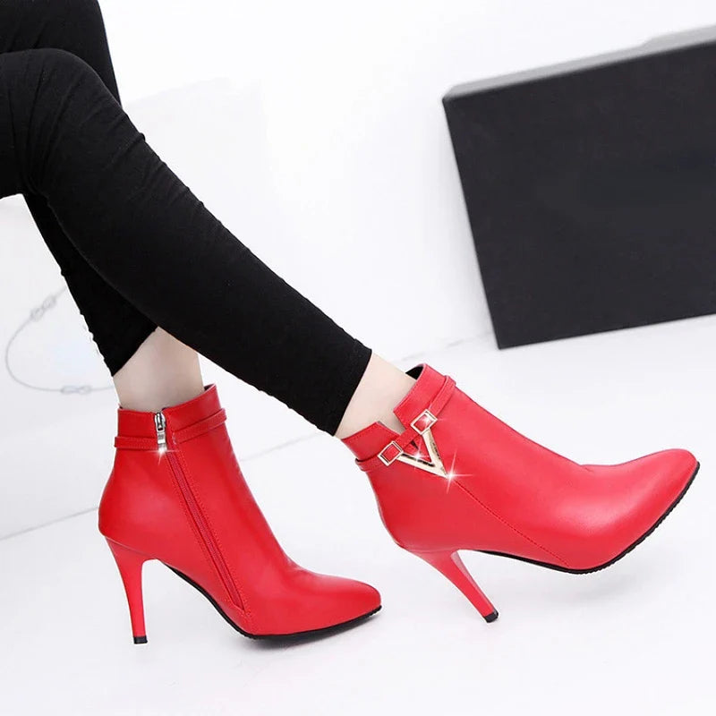 Stiletto Thin High Heels Woman Pointed Toe Pu Leather Zipper Sexy Ankle Women Boot Chelsea