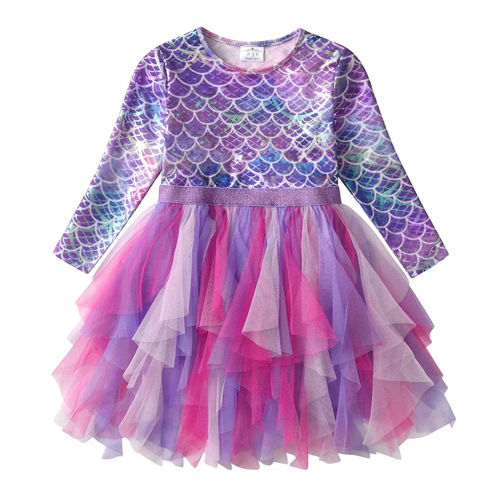 Princess Dress Mermaid Children Birthday Party Girls Dress Irregular Layered Prom Kids Long Sleeve Costumes