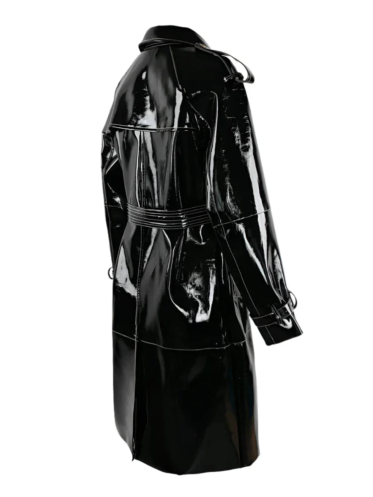 Long Shiny Black Red Patent Pu Leather Trench Coat for Women Belt Double Breasted Luxury Designer Clothes-Dollar Bargains Online Shopping Australia
