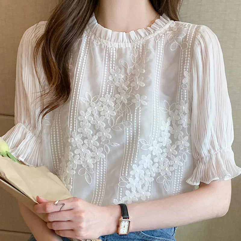 Women Blouse Short Sleeve Embroidery Lace Chiffon Blouse Shirt Blouse Women-Dollar Bargains Online Shopping Australia