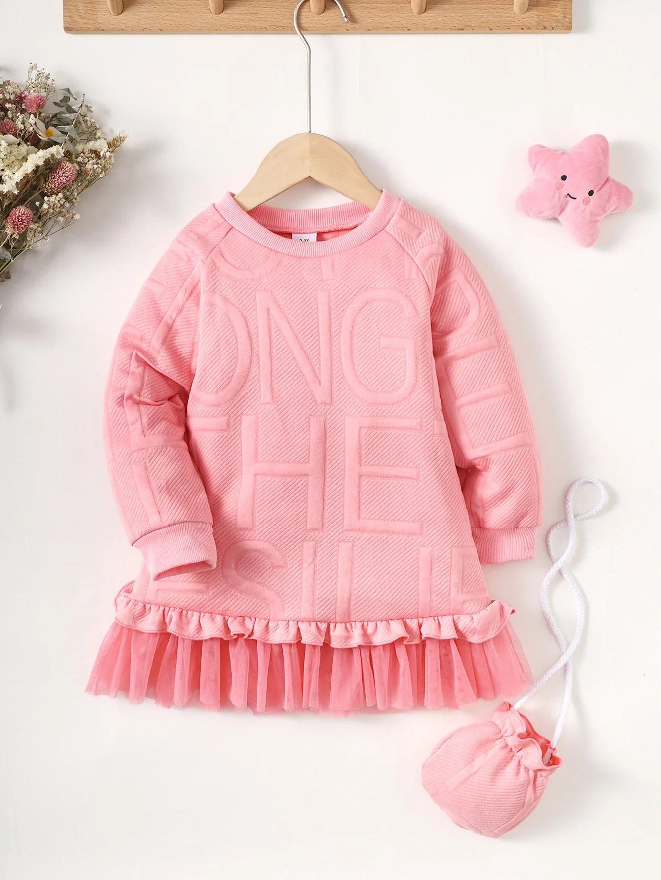 Children Girl Embossed Letter Long Skirt Winter Long Sleeve Dress with Satchel Princess Dress Birthday Party Outfit-Dollar Bargains Online Shopping Australia