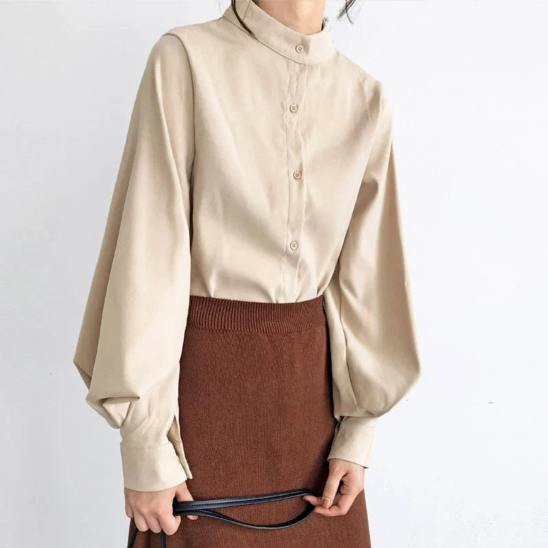 Big Lantern Sleeve Blouse Women Autumn Winter Single Breasted Stand Collar Shirts Office Work Blouse Solid Vintage Blouse Shirts-Dollar Bargains Online Shopping Australia