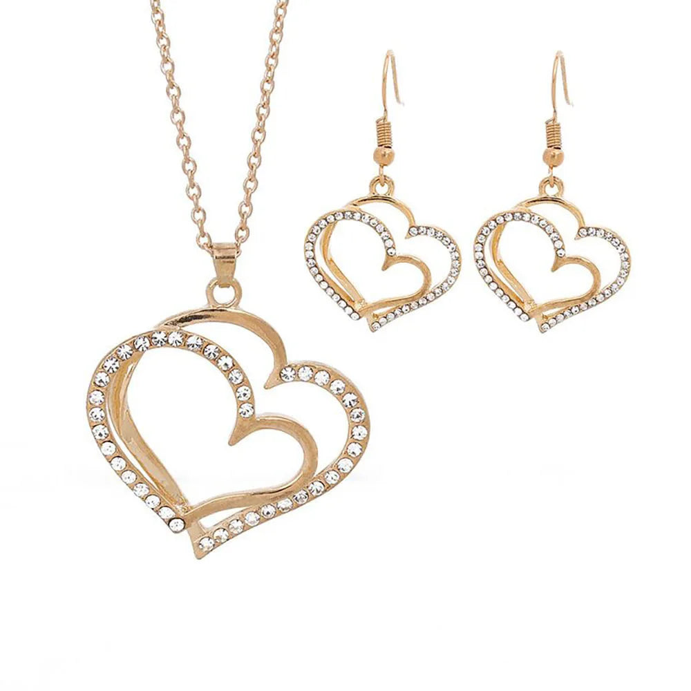 3 Pcs Set Heart Shaped Jewelry Set Of Earrings Pendant Necklace For Women Exquisite Fashion Rhinestone Double Heart Jewelry Set-Dollar Bargains Online Shopping Australia