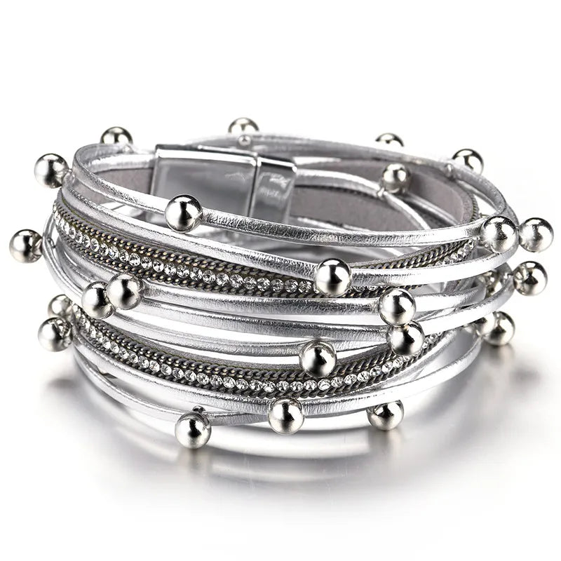 Metal Beads Charm Leather Bracelets for Women Fashion Crystal Chain Bohemian Multilayer Wrap Bracelet Female Jewelry-Dollar Bargains Online Shopping Australia