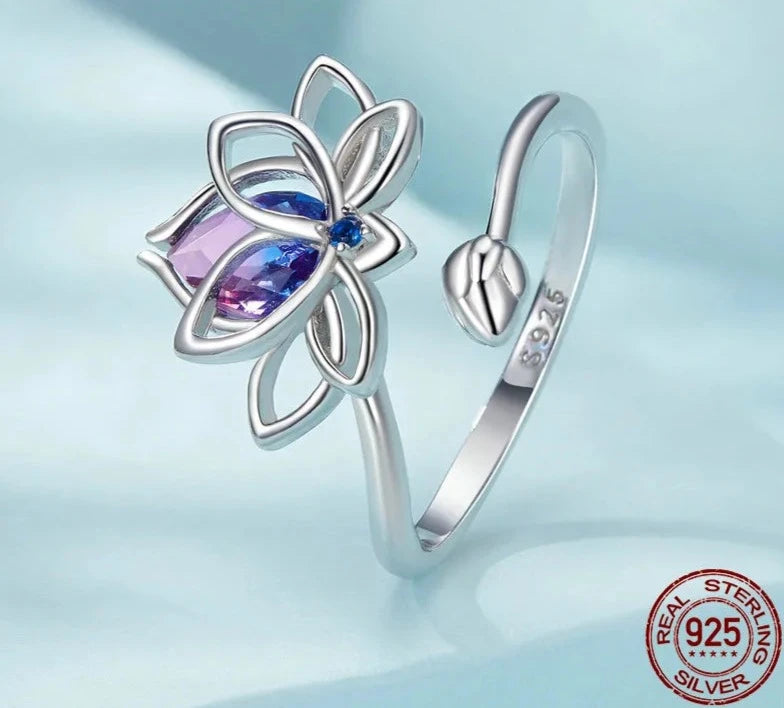 Sterling Silver Bi Color Lotus Flower Ring For Women Drop Purple pink Crystal Opening Rings Wedding Party Jewelry Gift