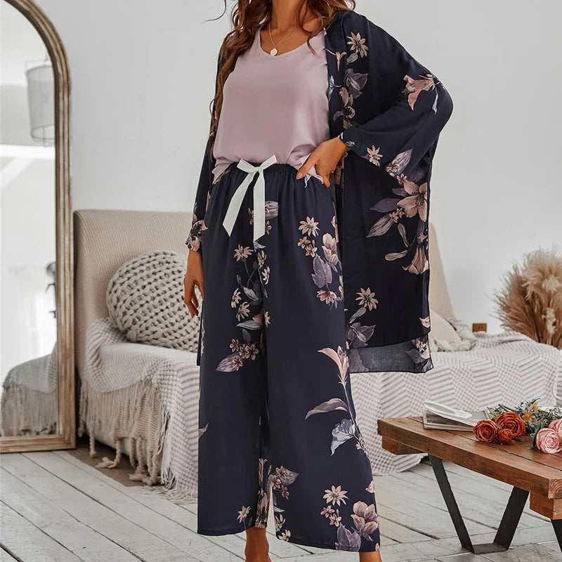 Women Pajamas Set Viscose Floral Printed Female Pyjama Loose Sleepwear Nightwear Spring Summer Lounge Wear