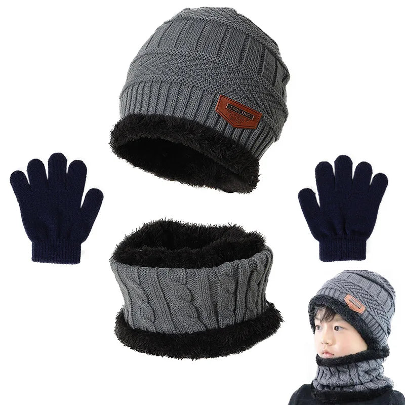 Winter Hat Scarf and Gloves Set Plush Warmer Children Knitted Hat Baby Boys Beanies Cap Neck Scarf Glove Suit For Kids Accessori-Dollar Bargains Online Shopping Australia