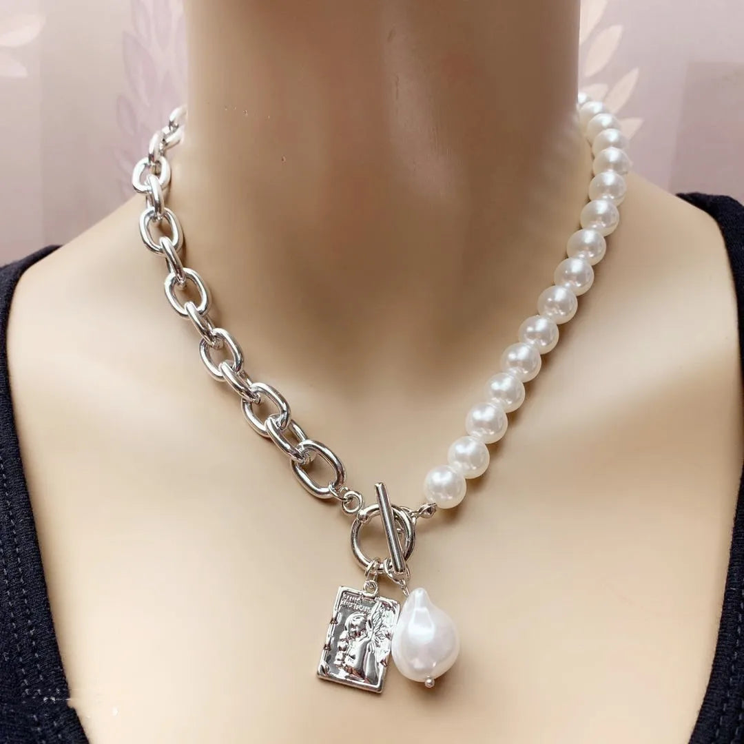 Copper Snake Chain Baroque Pearl Portrait Square Necklace For Women Trendy Multi-Layer Crystal Pendant Necklace Set Jewelry Gift-Dollar Bargains Online Shopping Australia