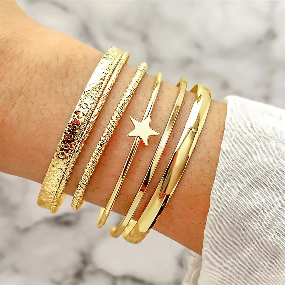 Geometric Engraved Flower Leaf Star Bracelet For Women Girl Fashion Metal Gold Color LOVE Letter Open Bracelet Bangle Gift